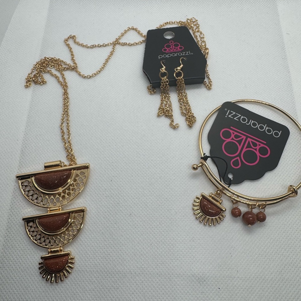 Paparazzi Gold and Brown Necklace with Tiered Crescent Design